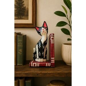 Vintage Indonesian Wooden Cat Bookend Folk Art Black White Cat Shelf Decor